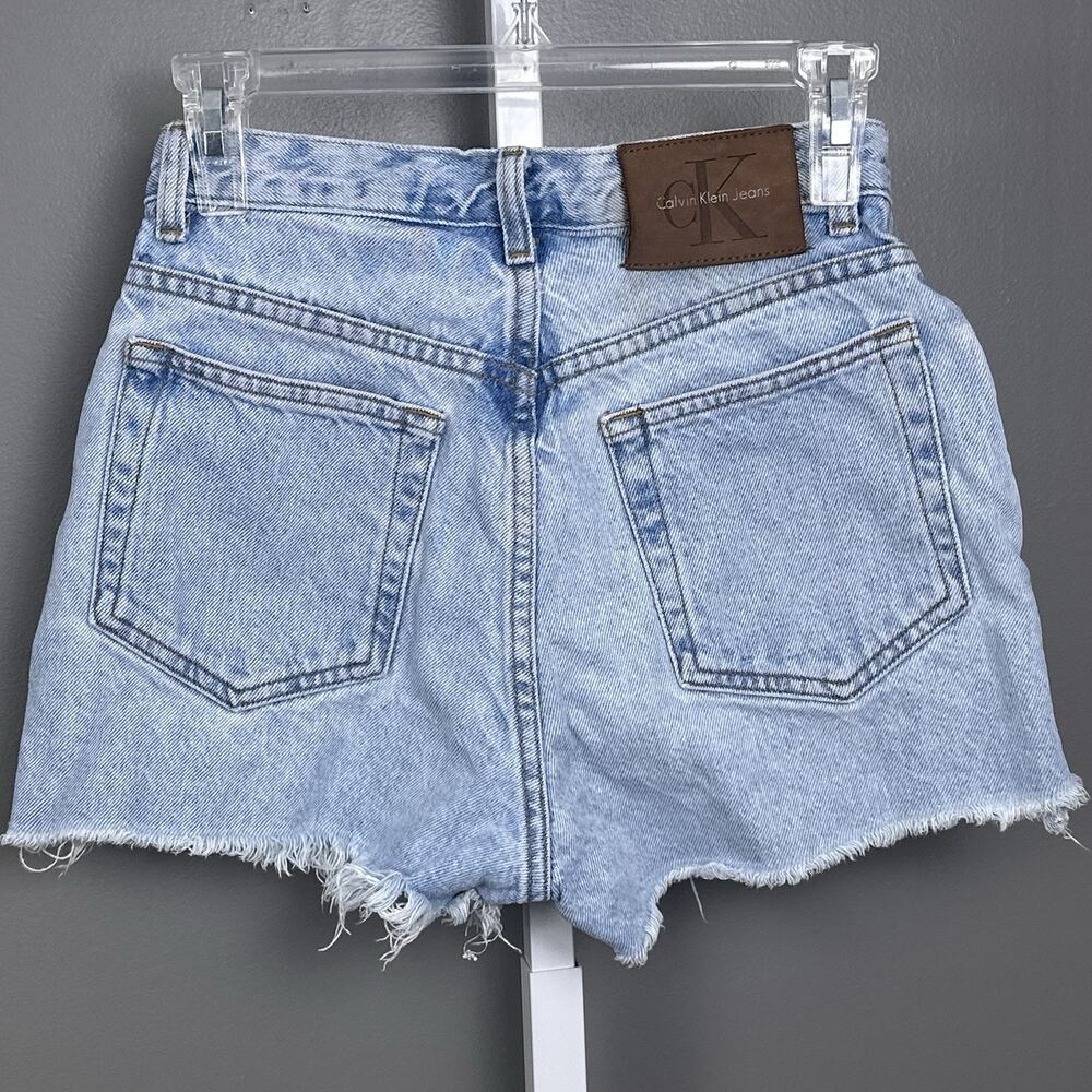 Vintage Calvin Klein USA Cut Off Denim Shorts Jrs Size 3 High Rise Leather Patch